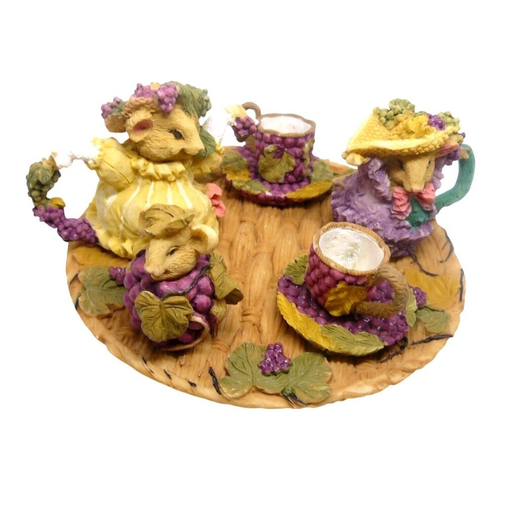Hand-Painted Resin Mouse Tea Party Figurine Set Grapevine Details Round Tray